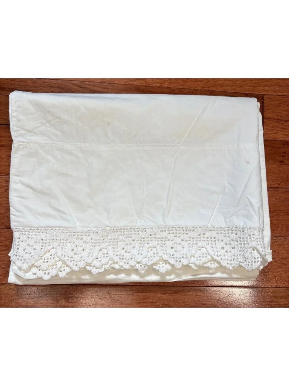 White Cotton Pillowcase Crocheted Lace Hem Antique Charm Vintage